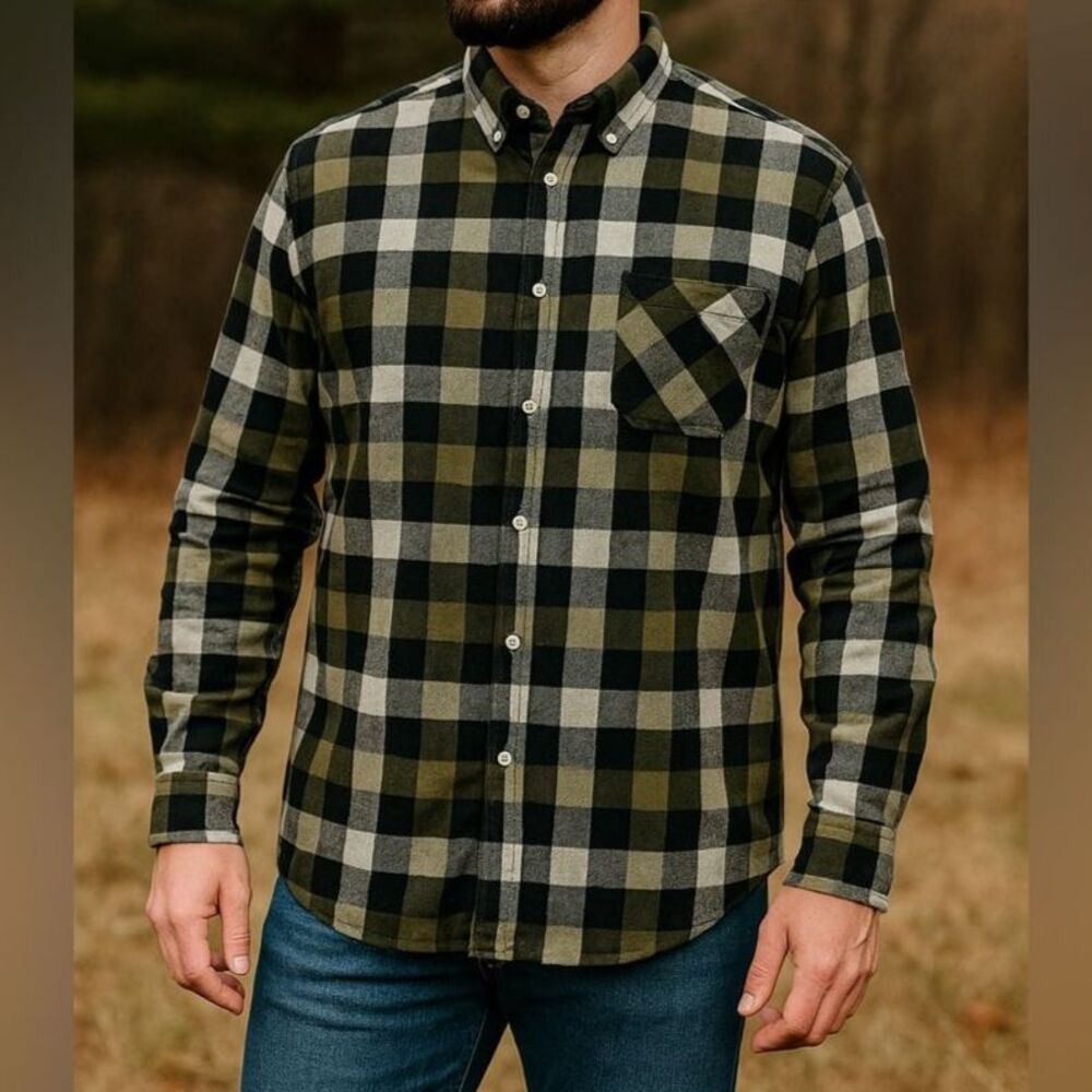 KEY Men’s XL Tall Heavyweight Flannel Shirt Green Plaid Workwear Cotton